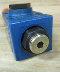 DR6DP2-53/75Y Pressure Reducing Valve Single Unit, direct operated size 6, blue casing, close-up of external leakage drain
