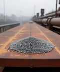 Pile of industrial strength heavy duty steel shot blasting media XX-large shot size No 4 equivalent on rusty metal surface.