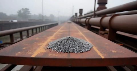Pile of industrial strength heavy duty steel shot blasting media XX-large shot size No 4 equivalent on rusty metal surface.