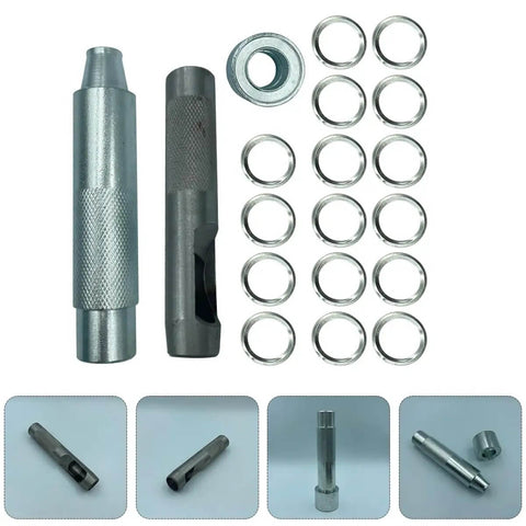 Pro Grade 17mm Eyelet Setter Tool And Die Punch Kit With 100 Silver Grommets for DIY Leathercraft, showing tools and grommets