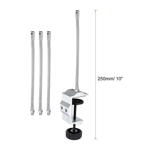 Third Hand Soldering Tool Clamp Stand with Flexible Gooseneck Arms, showing 10 inch height measurement, silver finish.
