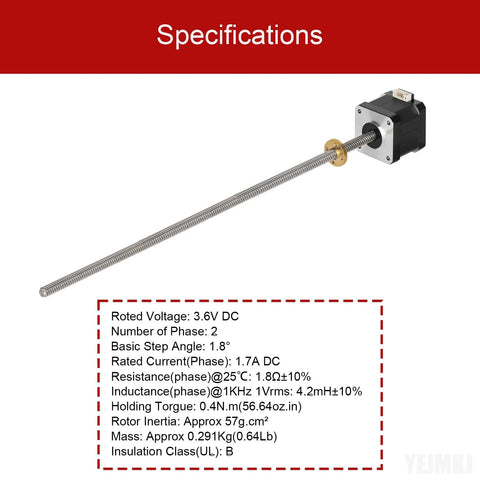 Side view of a NEMA 17 stepper motor with 350mm T8 lead screw and brass nut for 3D printer CNC