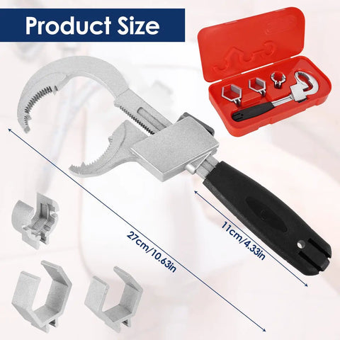 Universal Adjustable Double End Wrench For Faucets And Plumbing All In One Basin Nut Tool with case and swap heads displayed