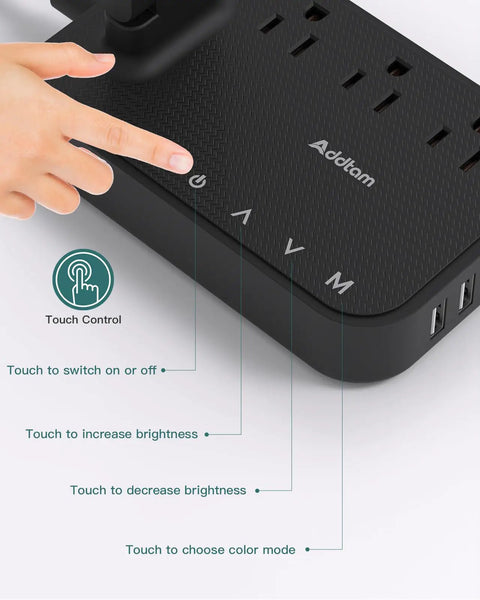 Close-up of LED Desk Lamp With Built In Power Strip, 3 Outlets And 4 USB Ports Including 2 USB C, highlighting touch controls.