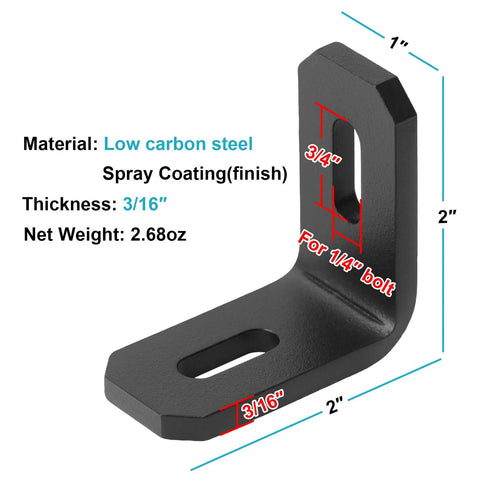 Eight Piece Pack Of Two By One Inch Slotted L Brackets Heavy Duty Black Steel Corner Braces With Three Hundred Pound Load Capacity And Rust Proof Finish For Beefy Shop Projects, showing dimensions and material details.