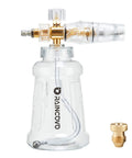 Foam Cannon For Pressure Washer With M22 And 1 Quarter Inch Quick Connect, Adjustable Nozzle, Stainless Steel Filter, Pro Car Wash Foam Kit, Great For Cars, Patios, And Outdoor Cleaning, shown with clear plastic bottle and brass fittings.