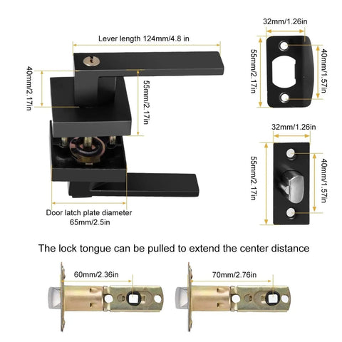 12 Piece Black Finish Passage Door Lever Set With Square Panel For Modern Interior Doors, Easy Grip Handles, hardware sizes