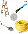 Collage of a ladder, hammer, shovel, and hose with text "Storage Hooks for Sorting All Kinds of Tools"
