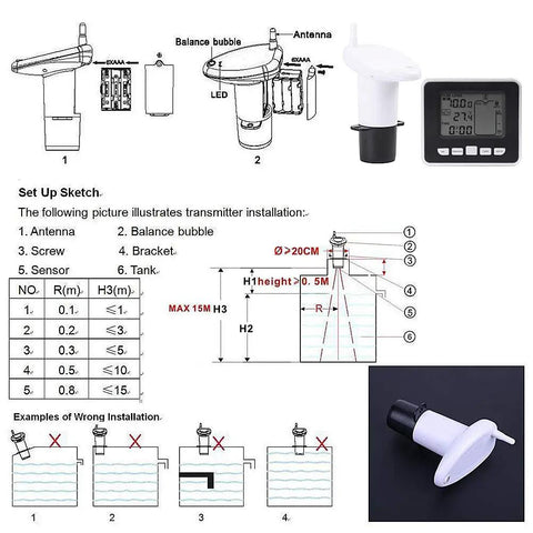 Ultrasonic Water Tank Level Meter With Temperature Display And Liquid Depth Sensor No Fuss Fast Accurate Tank Monitoring Gauge For Home Farm Or Industrial Tanks Keeps Min Max Records, showing setup diagram and components including sensor and display.