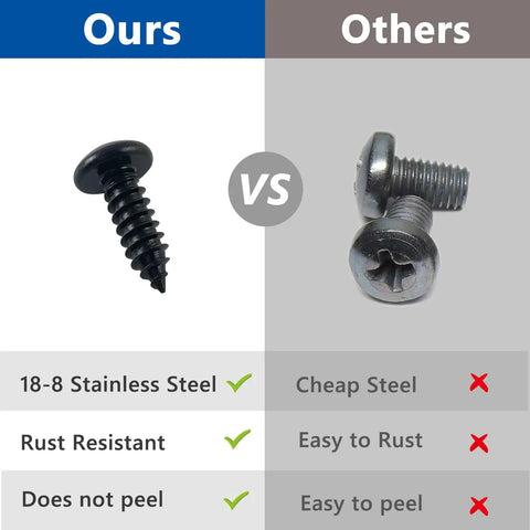 Sturdy Black License Plate Screws Kit For Cars And SUVs, 18 8 Stainless Steel, side-by-side comparison with other steel screws
