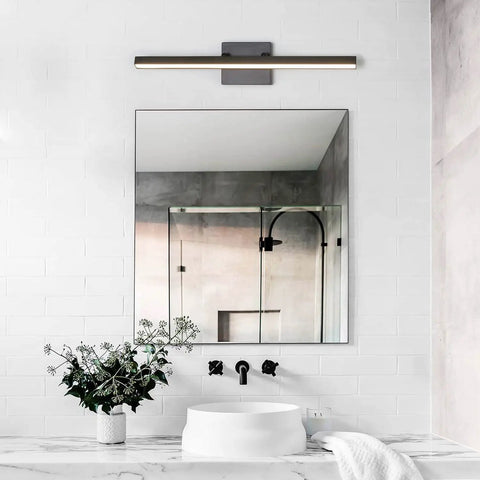 Modern bathroom with 24 Inch Black Vanity Light For Bathroom, Modern LED Wall Sconces With Rotatable Heads, 3000K, sleek over mirror