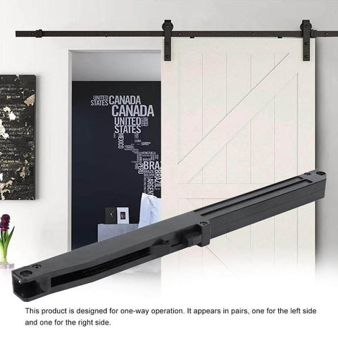 Soft Close Buffer Damper For Sliding Barn Doors, Quiet And Adjustable Rise And Fall, One Way Track Glide Accessory shown installed
