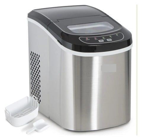 Countertop Ice Maker Automatic Portable For Home One Touch Operation, stainless steel, with scoop, ideal for fast ice production.