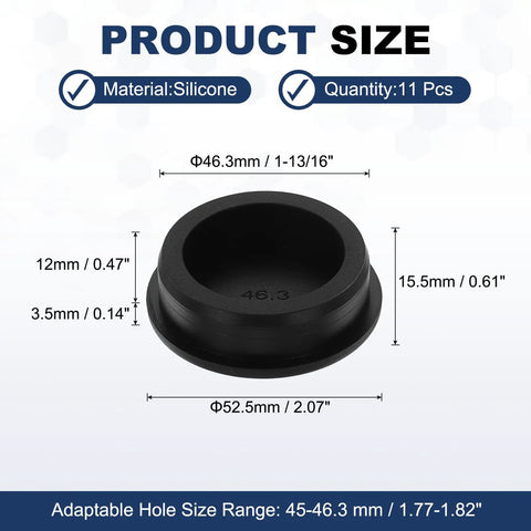 Black round silicone plug dimensions from 11 Piece T Shaped Silicone Plugs Set 46.3mm Snap In Hole Seals for 45 to 46.3mm holes