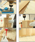 Step-by-step process using Pro Woodworking Dowel Locator Kit 16 Piece Center Point Dowel Transfer Plugs Set with drill and wood panels.