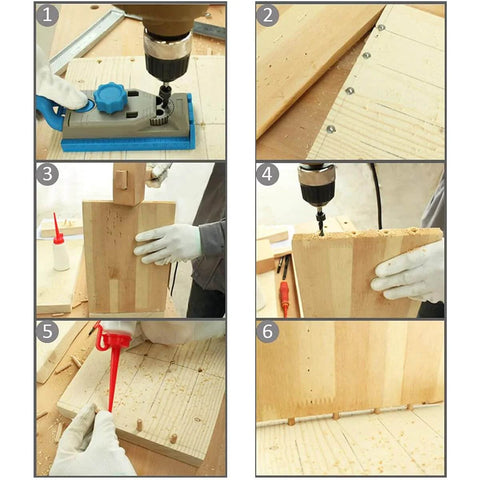 Step-by-step process using Pro Woodworking Dowel Locator Kit 16 Piece Center Point Dowel Transfer Plugs Set with drill and wood panels.