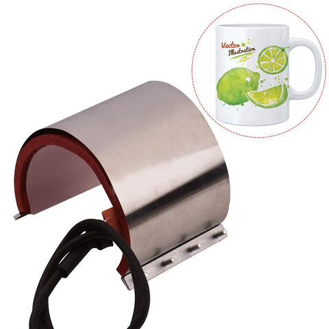11oz Mug Press Attachment For Heat Press Machines with aluminum heating element and silicass gel, shown with a lime print mug