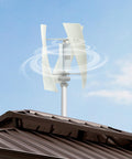 100W Vertical Axis Wind Turbine Kit For Home Power With Controller And 4 Blade Permanent Magnet Generator Built For Hybrid Solar Wind Systems That Delivers Plug And Play Power Quiet Durable Performance White 12V Wind Turbine mounted on a rooftop.