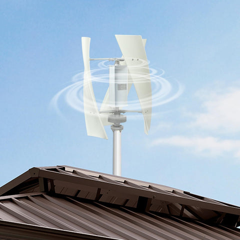 100W Vertical Axis Wind Turbine Kit For Home Power With Controller And 4 Blade Permanent Magnet Generator Built For Hybrid Solar Wind Systems That Delivers Plug And Play Power Quiet Durable Performance White 12V Wind Turbine mounted on a rooftop.