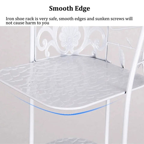 Close-up of the smooth edges of the Rock Solid 10 Tier Metal Shoe Rack With Coat Hooks, showcasing safe design and details.