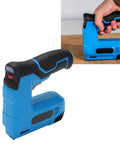 Slick Cordless Electric Brad Nailer And Staple Gun Rechargeable 2 In 1 Bottom Loading Fastening Tool with blue body and textured grip.