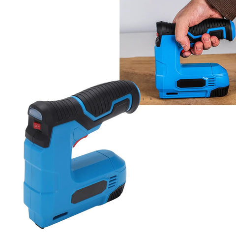 Slick Cordless Electric Brad Nailer And Staple Gun Rechargeable 2 In 1 Bottom Loading Fastening Tool with blue body and textured grip.