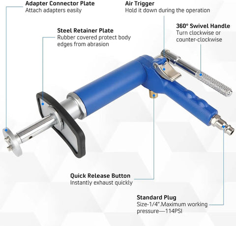 Pneumatic Brake Caliper Piston Wind Back Tool Kit With 22 Adapters, Heavy Duty Caliper Compression Spreader with labels and features