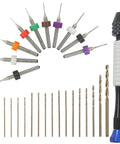 Micro Hand Drill Set With Pin Vise And 56 Precision Bits PCB Cutting Bits And Resin Polymer Clay Jewelry Making Tools For DIY Crafting Ergonomic Aluminum Hand Drill In Black, showing bits and tools arrayed.