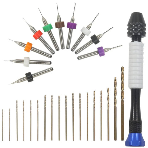 Micro Hand Drill Set With Pin Vise And 56 Precision Bits PCB Cutting Bits And Resin Polymer Clay Jewelry Making Tools For DIY Crafting Ergonomic Aluminum Hand Drill In Black, showing bits and tools arrayed.