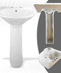 Compact Vitreous China Pedestal Sink With Overflow, Space Saving 16 Inch Wide, 33 Inch High, Glossy White Finish