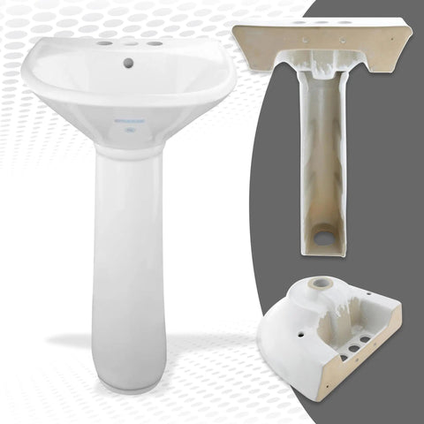 Compact Vitreous China Pedestal Sink With Overflow, Space Saving 16 Inch Wide, 33 Inch High, Glossy White Finish