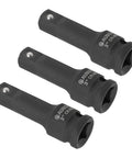 Dang Tough 3 Piece Socket Extension Bar Set For Half Inch Drive Tools Rock Solid Chrome Moly Steel Goes Long On Impact Drivers And Ratchet Wrenches With Rustproof Black Finish three black chrome moly socket extenders, 75mm size, ideal for power tools.