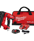Red and black 18 Gauge Brad Nailer with zero ramp up time instant fire and subflush nail depth tool kit on white background.