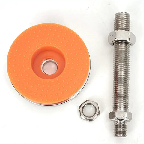 Heavy Duty Adjustable Leveling Feet Pad Mount Kit Featuring A Rock Solid Base To Bypass Equipment Wobble And Keep Your Setup Locked Down Tight, showing an orange leveling foot and threaded stem.