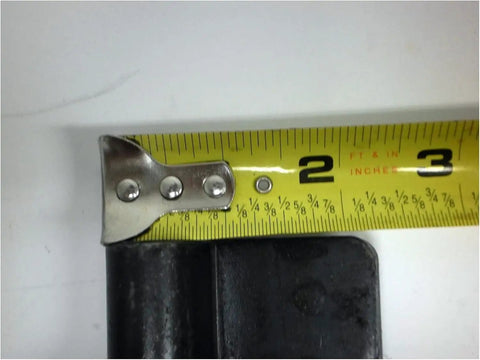 Tape measure next to Weld On Butterfly Ramp Hinge For Cargo Utility Trailer Greaseable Door With Grease Fitting, Heavy Duty 1000Lb Capacity, Raw Steel Finish, Easy Weld In, Black Hardware