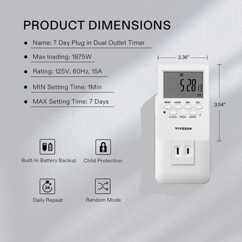 Dual Outlet 7 Day Programmable Digital Timer With 20 On Off Programs UL Listed Heavy Duty Plug In Countdown Timer dimensions