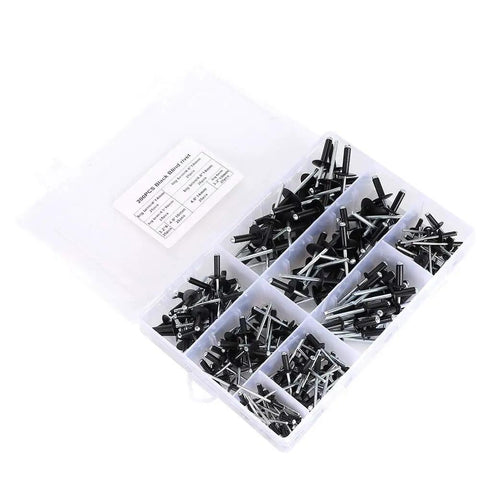 Black Blind Rivet Kit Aluminum All In One Storage Box Heavy Duty 200 Piece Set with assorted rivets visible in compartments.