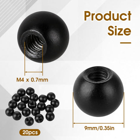 20Pcs M4 Thread Cap Nuts Knob Screws for Light Fixtures Decorative Screw Caps Steel Ball Nut Covers for Furniture and Lamp Decor Black Finish Easy Install No Tools Needed Durable and Stylish Looks Dope, showing product size and thread detail.