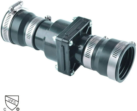 Slip On Sump Pump Check Valve With Stainless Steel Clamps For One And One Half Inch Or One And One Quarter Inch ABS Body With EPDM Seals Corrosion Resistant Clamp Fasteners Easy Install Vertical Or Horizontal
