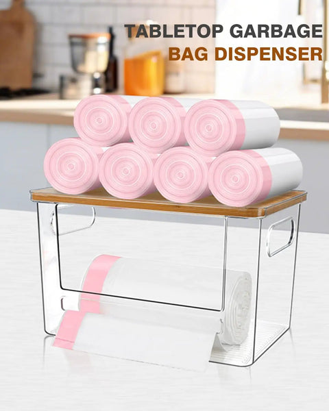 Kicking Clutter Away Trash Bag Dispenser 2 Pack serves as smart under sink organizer with transparent acrylic frame and bamboo top.
