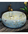 Bathroom Vessel Sink, Countertop Basin Bird Kitchen Basin Sink, Ceramic Sink with floral design, round shape.