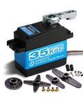 ZOSKAY 35kg blue/black coreless servo with metal gears, 180° rotation; includes mounting horns and hardware