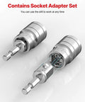 Socket adapter set in chrome-plated steel; two cylindrical adapters with hex drive ends