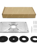 Heavy Duty Aluminum Router Table Insert Plate With Hella Precise Depth Marks And Four Caliber Sizes For Dead Straight Woodworking Trimming Over Any Shop Bench Project with mounting hardware.