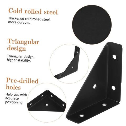 Hella Sturdy 40 Pack Heavy Duty Triangle Shelf Brackets Thickened Cold Rolled Steel Corner Braces for Bed Frames and Home Furniture with Quick Pre Drilled Setup showing triangular design and pre-drilled holes.
