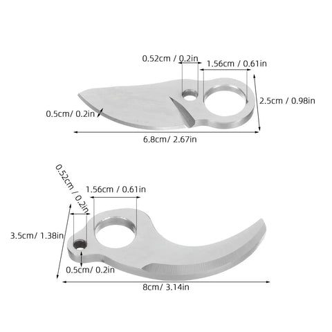 Heavy Duty Replacement Blades For Electric Pruning Shears, Four Piece Carbon Steel Pruner Knife Set, detailed view of two carbon steel blades.