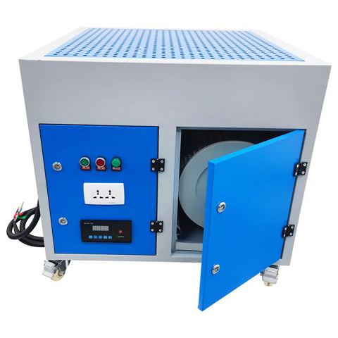 Boss Grade Metal Workbench With Built In Downdraft Suction Table And Multi Stage Welding Fume Extractor Vacuum For Grinding And Polishing 31.5 Inch 220V No Sweat Garage Rig with operational panel and opened door.
