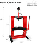 Heavy Duty 12 Ton Hydraulic H Frame Shop Press For Garage Floor And Benchtop Use With Adjustable Bed Stamping Plates Pressure Gauge And Manual Hand Pump Red, front view showing dimensions.