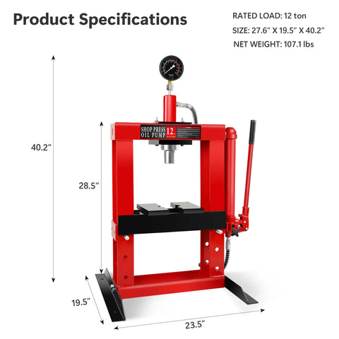 Heavy Duty 12 Ton Hydraulic H Frame Shop Press For Garage Floor And Benchtop Use With Adjustable Bed Stamping Plates Pressure Gauge And Manual Hand Pump Red, front view showing dimensions.