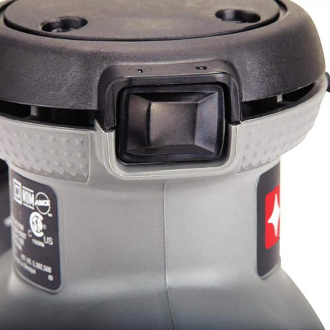 Close-up of the dust-sealed switch on the Palm Sander 1 Quarter Sheet 380 With 2.0 Amp Motor, 13,500 OPM, showcasing durable design.